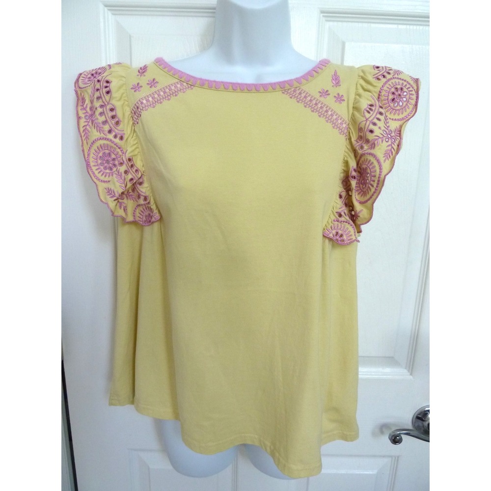 Easel Women Boho Embroidered Ruffle Sleeve Top Yellow Purple Cotton Size Large